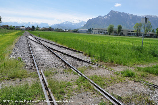 Die Stieglbahn heute im Grünland: eingleisige Strecke durch Wiesen, im Hintergrund der Untersberg