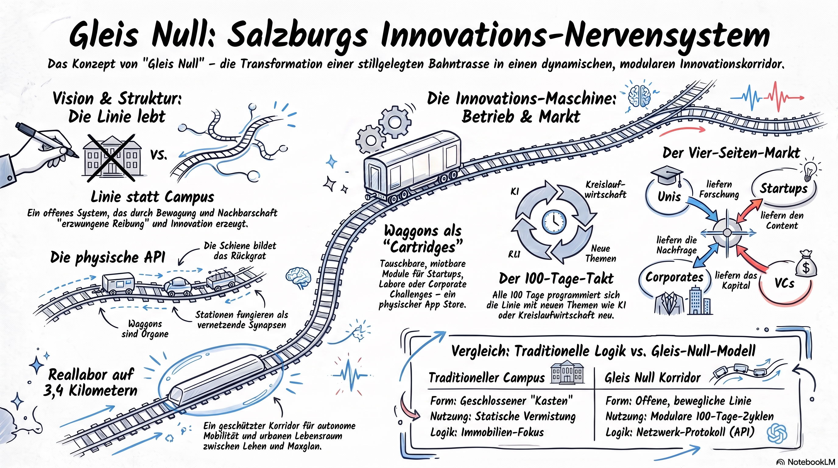 Handgezeichnete Konzeptübersicht: Gleis Null als Salzburgs Innovations-Nervensystem — Linie statt Campus, physische API, Waggons als Cartridges, 100-Tage-Takt und Vier-Seiten-Markt