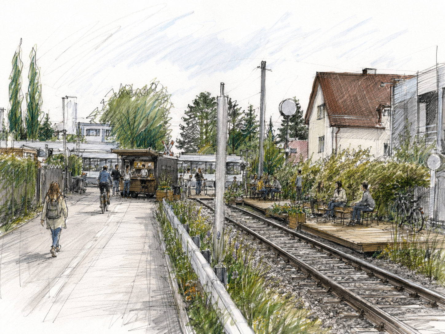 Vision: bespielte Module entlang des Gleises — Promenade und Radweg auf der einen, Waggon-Arbeitsräume und Aufenthaltsdecks mit Sitzgruppen auf der anderen Seite