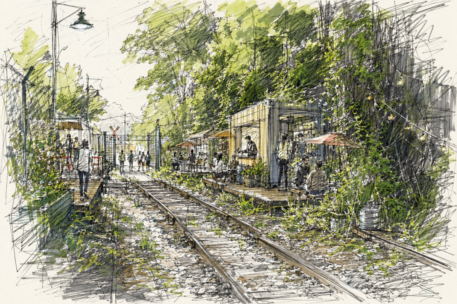Vision: das grüne Band als begehbare Promenade mit Café-Waggon, Lichterketten und wildem Grün entlang des Gleises