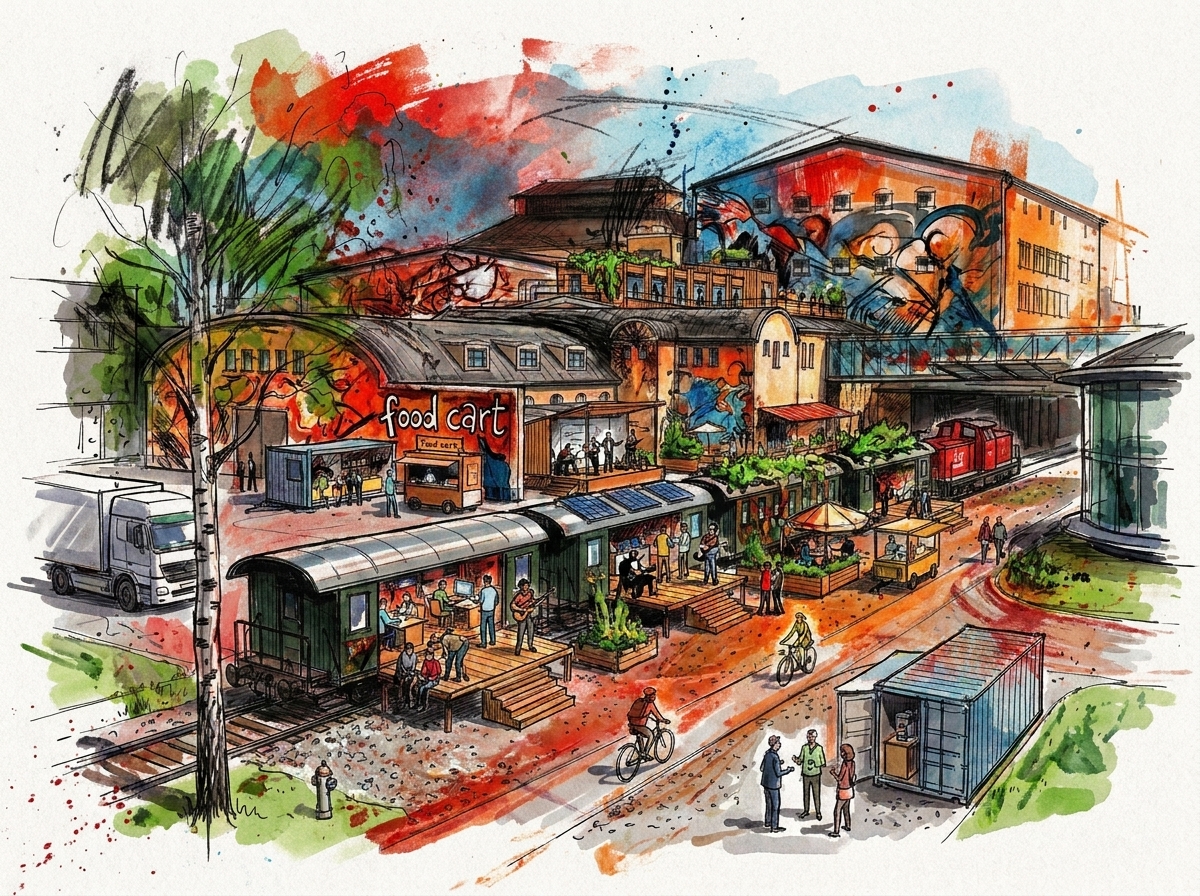 Vision: ein lebendiger Abend an der Line — Food-Cart, Musik, Waggon-Bühnen, Murals und Menschen zwischen Gleis und Gastronomie