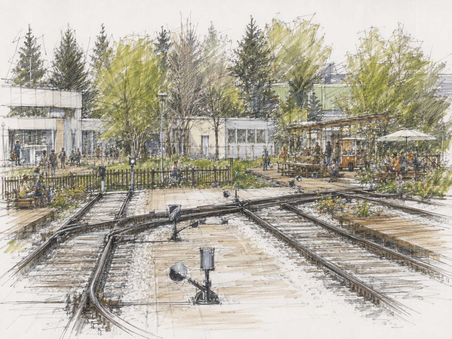 Vision: ein Gleis-Knotenplatz als öffentlicher Raum — Weichen und Schienen bleiben sichtbar, daneben Sitzplätze, Begrünung und ein Café-Waggon